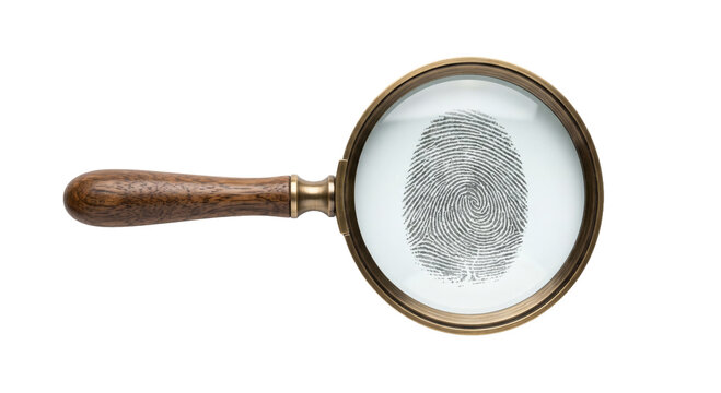 Magnifying glass examining a detailed fingerprint, symbolizing investigation and discovery