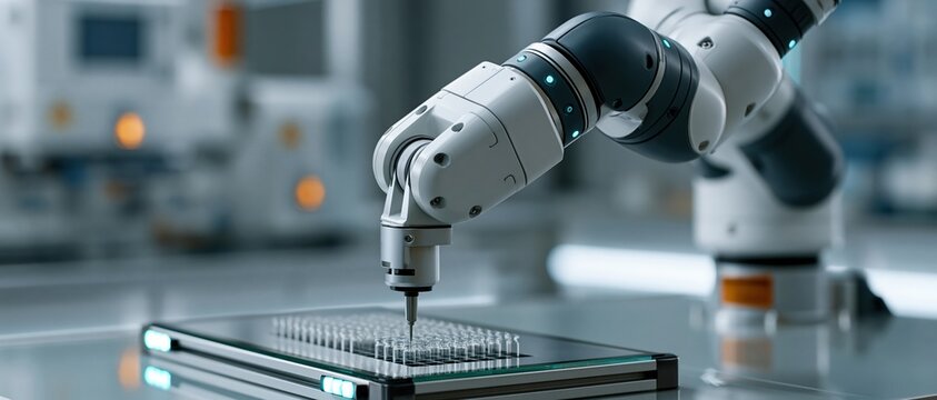 Cuttingedge automation transforms pharmaceutical research as a robotic arm precisely pipettes samples into a microplate array. Ideal for AI, biotech, and future medicine campaigns.