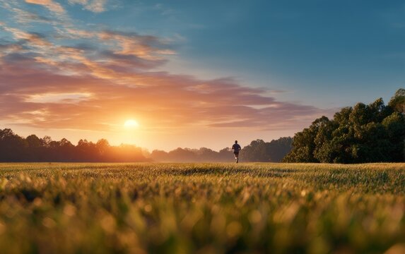 Early morning runner jogging through open field at sunrise with vibrant sky
