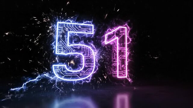 Glowing neon number fifty three with digital circuit patterns