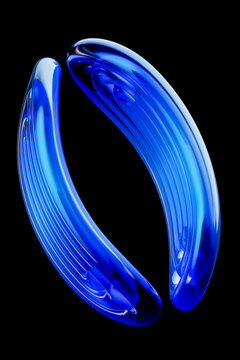 3D cobalt crescent pair floats as a reflective open sculpture