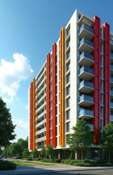 Modern apartment building with colorful facade and balconies. Residential complex has green trees lining sidewalk. Sunny day sky with light clouds.