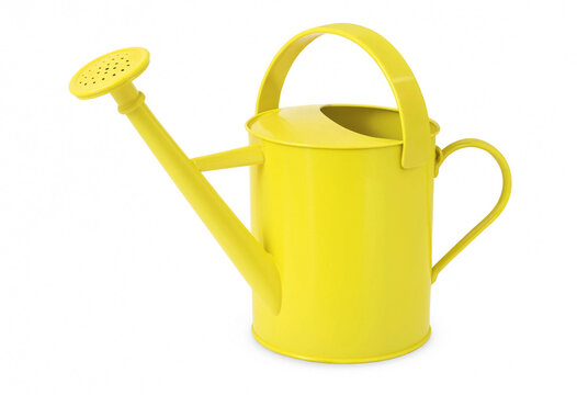 Bright yellow metal watering can for gardening tasks isolated on white background with watering, gardening