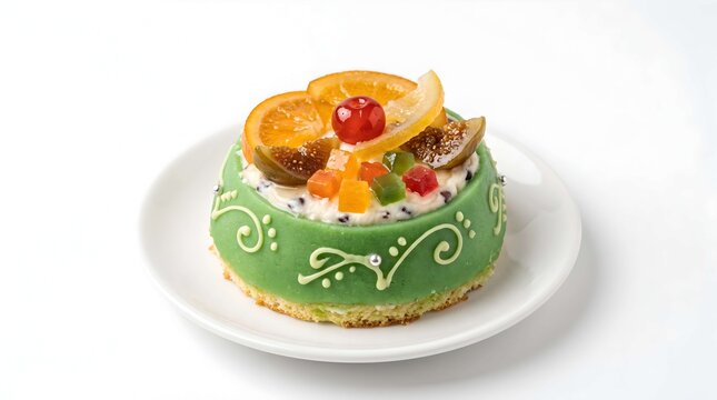 Small cassata siciliana cake with marzipan and candied fruit