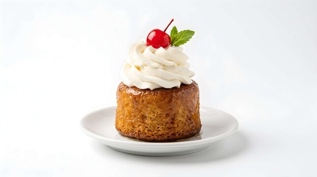Rum baba cake topped with whipped cream and a cherry on white plate