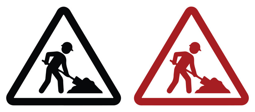 Road works sign icons, construction worker with shovel in triangle frame