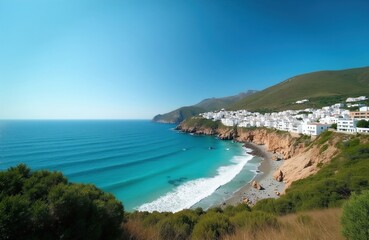 Fototapeta premium White village on rocky cliff overlooking azure blue sea and calm beach. Green hills rise behind white buildings under clear blue sky. Sunny coastal landscape.