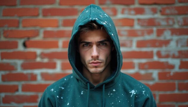 Young man wears green hooded sweatshirt standing against old red brick wall. Serious male model looks into camera with intense eyes. Urban street style portrait of guy in casual clothes with paint