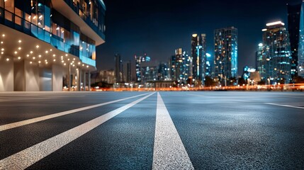 Fototapeta premium Night cityscape with empty asphalt road and illuminated modern building