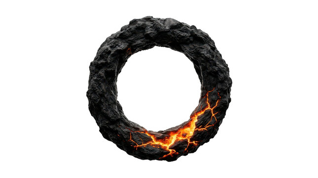 Letter O made of volcanic lava and cooling magma. Burning rock typography isolated on white background.
