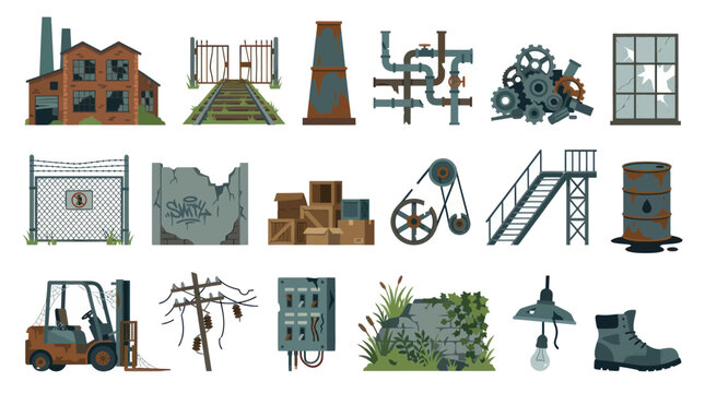 Abandoned Factory Industrial Scenery Objects Set - Vector Art