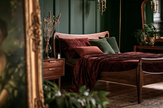 Elegant dark walnut bed adorned with burgundy velvet bedding against rich forest green walls in a stylish interior setting