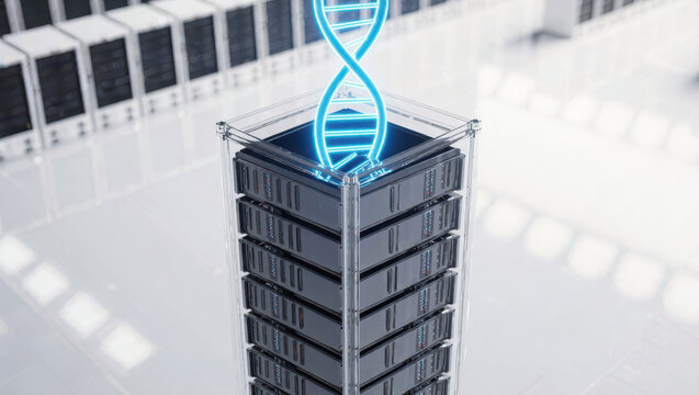 Futurist server tower, blue dna helix, data center, cloud computing, genetic code, technology