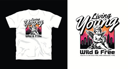 Obraz premium Living young t shirt design with cherub angel statue and city sunset background.