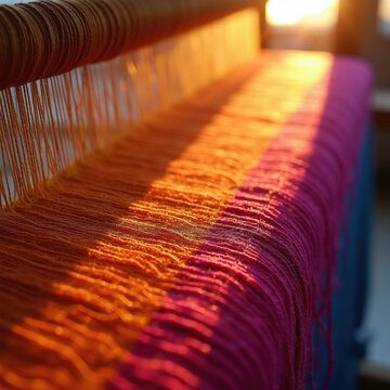 Orange, pink threads weave on wooden handloom machine during golden hour. Textile fiber creates beautiful fabric pattern inside workshop. Artisan equipment produces colorful shawl material through