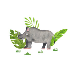 Cute watercolor rhino with tropical leaves isolated on white © An Chubenko