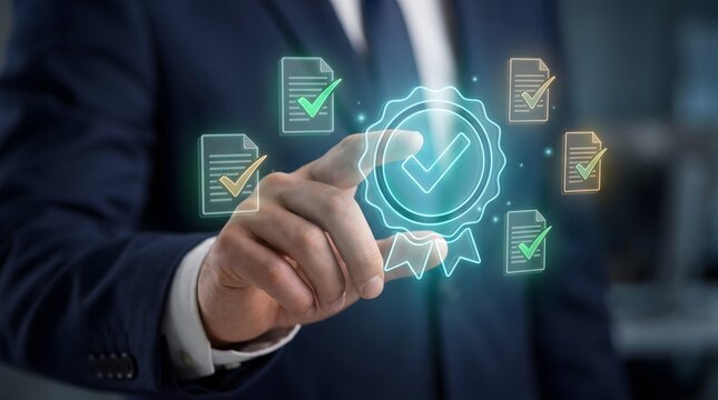 Professional businessman touching a glowing digital quality assurance badge with floating document icons to symbolize compliance standards and rigorous verification processes in a modern corporate 