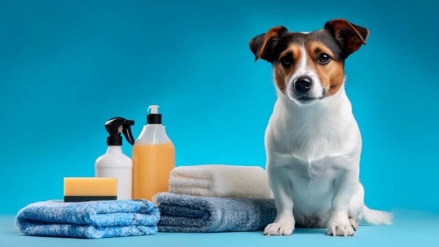 A cheerful dog sitting next to a variety of cleaning supplies such as sponges, rags, and bottles of cleaner.