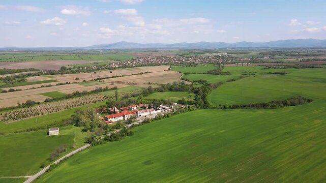 Aerial view of Upper Thracian Plain near town of Asenovgrad, Plovdiv Region,  Bulgaria