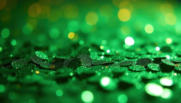 Macro shot of bright green glitter confetti pile. Shiny round metallic dots create festive sparkle texture background. Abstract surface bokeh light effect with small circle pieces scattered across