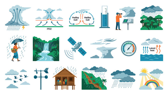 Meteorology Climate Weather Science Flat Design Vector Icons Collection: Phenomena  Instruments