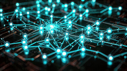 Fototapeta premium Glowing network nodes, digital connection, blue light, data link, abstract technology, futuristic mesh
