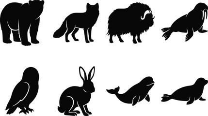 Arctic and polar animals icons set featuring black silhouettes of tundra wildlife isolated on a white background © bijoy