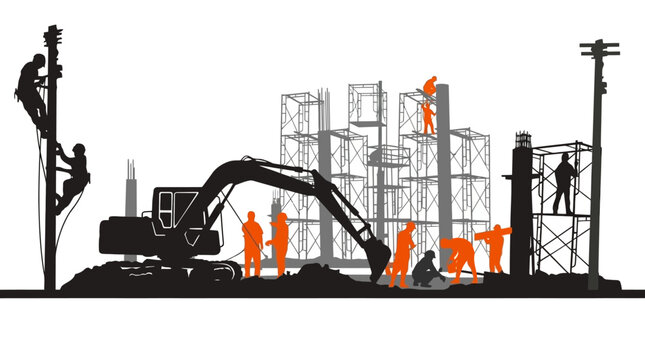 Silhouette illustration of a busy construction site with a black excavator, workers, and gray scaffolding, representing infrastructure development