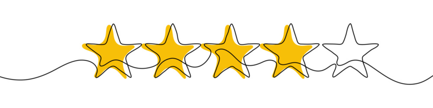 Four stars out of five in one line art style. Rating drawing with four yellow and one outline star on white background. Vector illustration.