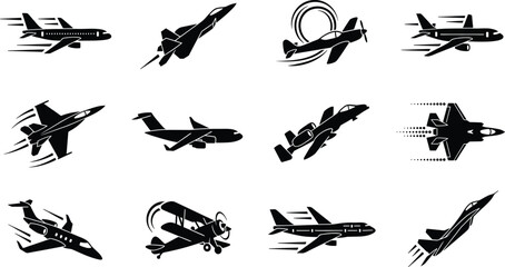 Diverse aircraft silhouettes in flight during daytime with motion blur and speed lines for aviation concepts © Angel