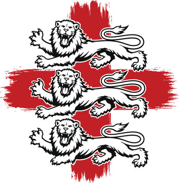 Three powerful lions in a rampant pose, superimposed on a distressed English flag background, symbolizing national pride and heritage.
