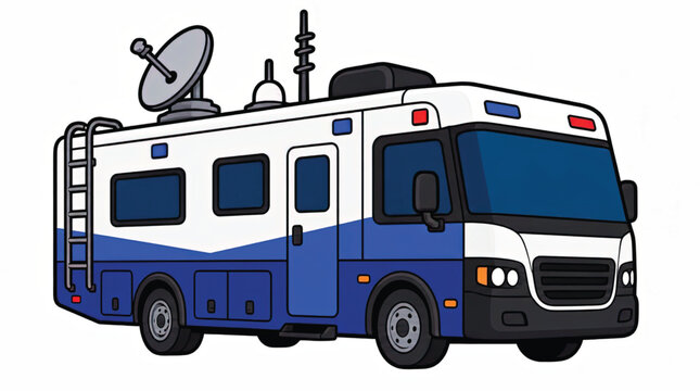 Blue and white mobile command center vehicle with ladder detail - Vector illustration