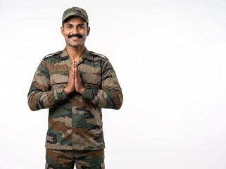 Fototapeta premium Military Professional Greeting with Namaste Isolated on White Background