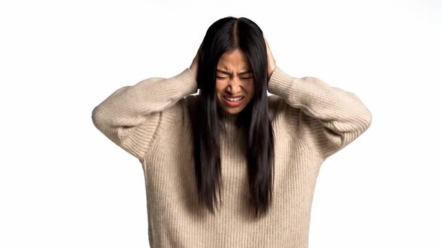 Young Woman Covering Ears Experiencing Loud Noise Stress And Sensory Overload