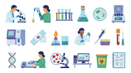 Obraz premium Flat Design Vector Icons Set of Medical and Science Laboratory Equipment, Tools, and Research Elements