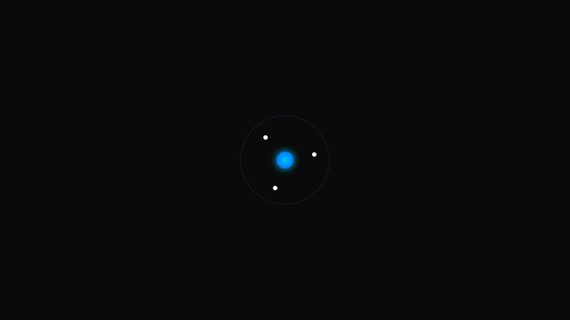 Minimalist representation of an atom with a glowing blue core and electrons