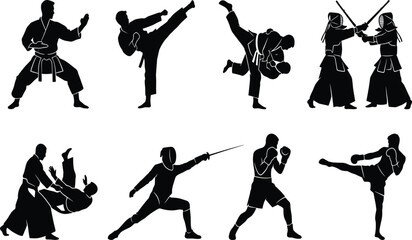 Martial arts and combat sports vector silhouettes set featuring karate judo kendo aikido fencing boxing and kickboxing © bijoy