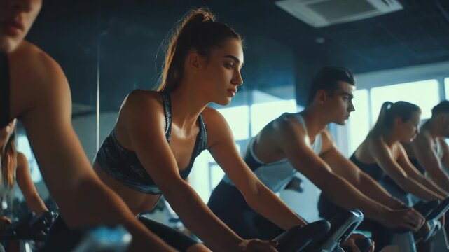 Healthy lifestyle scene with young woman and man riding stationary bicycles indoors.