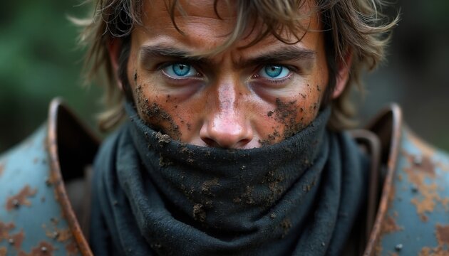 Man with striking blue eyes, dirt smudged face, wearing scarf and armor. He looks directly forward with intense, determined expression. Portrait shows survival grit and weathered toughness.