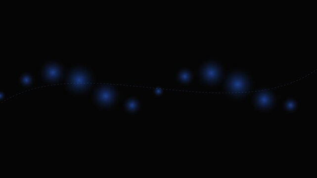 Abstract wave of glowing blue light orbs floating against a black background