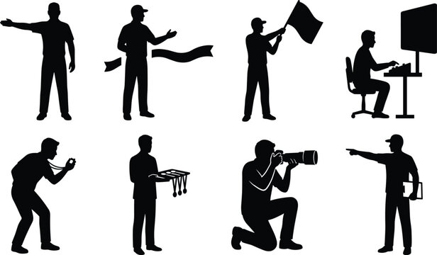 Sports event officials and staff vector silhouettes set featuring referee coach photographer judge and race organizers icons