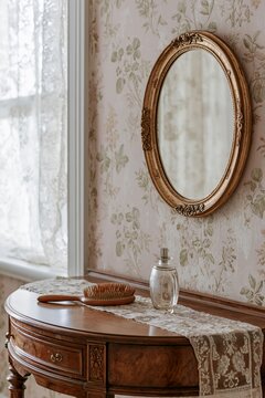 Antique walnut dressing table with gilt-edged mirror and vintage accessories against faded botanical wallpaper in a softly lit room