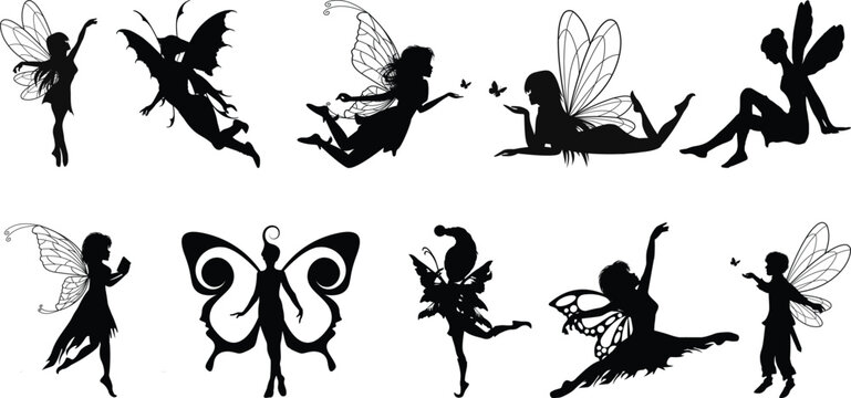 fairy silhouette, Enchanting fairies vector illustration, mystical and elegant, in graceful poses. Perfect fairy art for fantasy themed designs, illuminated by ethereal glow of magical lights