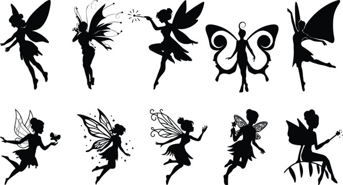 fairy silhouette, Enchanting fairies vector illustration, mystical and elegant, in graceful poses. Perfect fairy art for fantasy themed designs, illuminated by ethereal glow of magical lights