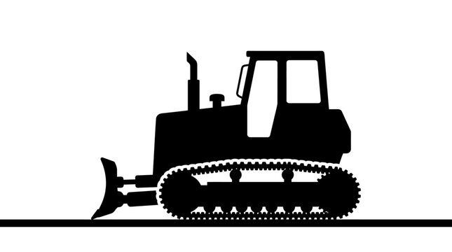 Solid black silhouette of a heavy construction bulldozer machinery in a side view profile for site building development and earthmoving projects
