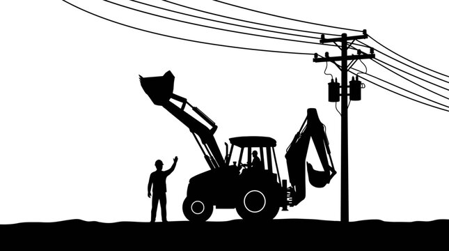 Black silhouette vector illustration of a construction worker waving beside a backhoe excavator under utility power lines and an electrical pole