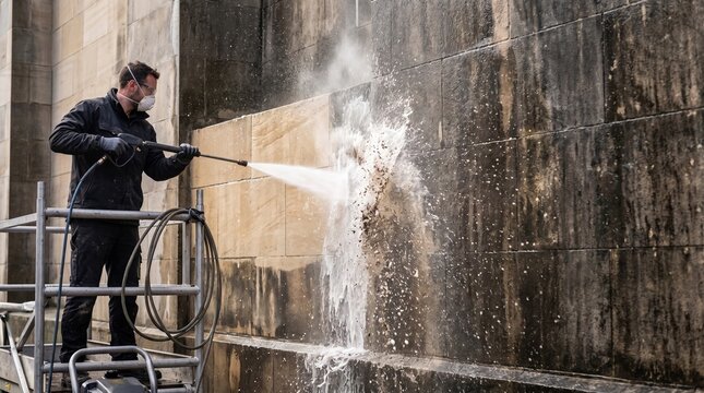 Professional cleaning concept, a worker using a high-pressure water jet to clean a dirty stone wall.