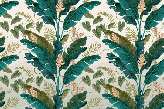 Seamless tropical pattern featuring lush green banana leaves, exotic ginger flowers, and delicate fern fronds on a soft light beige background