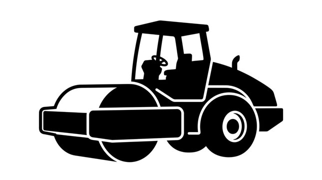 Vector illustration of solid black silhouette of single road roller compactor with cabin windows as negative space