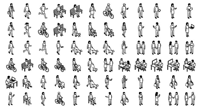 Isometric people icons set, black and white line art human figures, diverse urban characters collection for architectural visualization and infographics